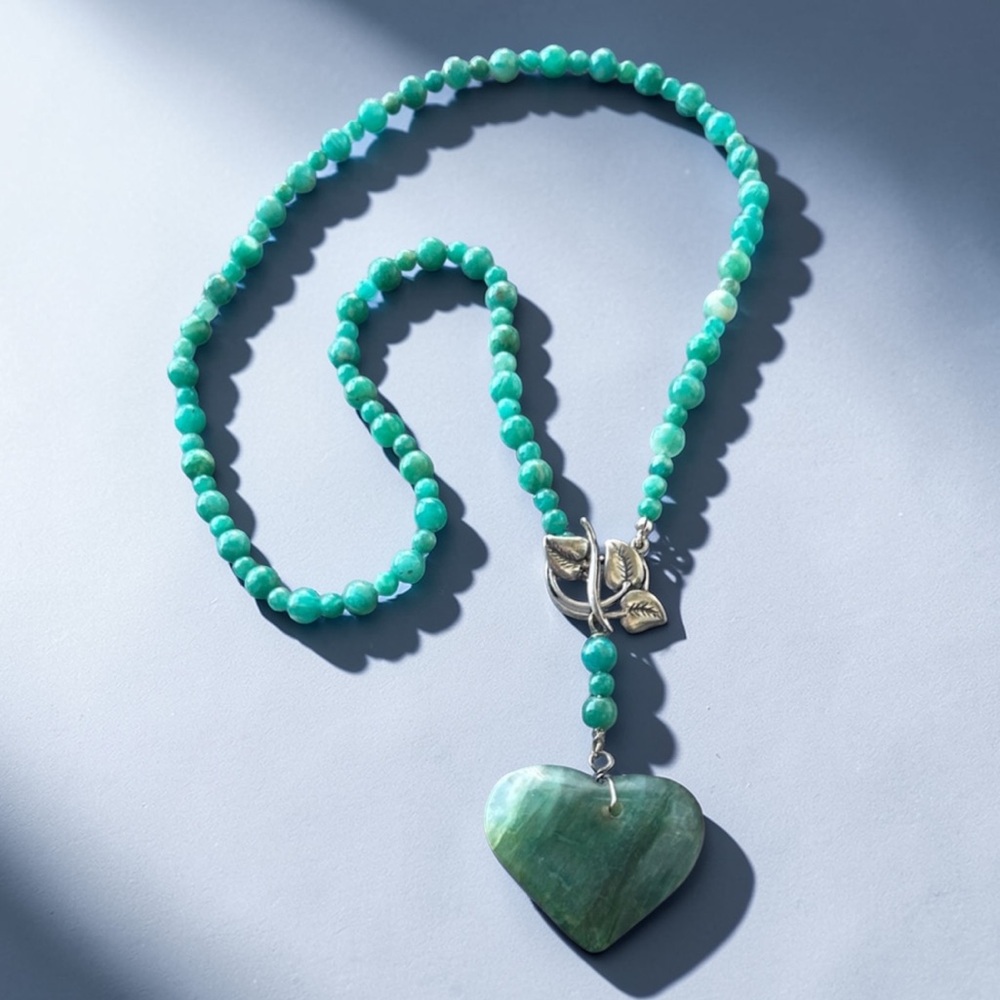 Boho 925 Sterling Green Aventurine Beaded Necklace Green Fluorite Heart Pendant